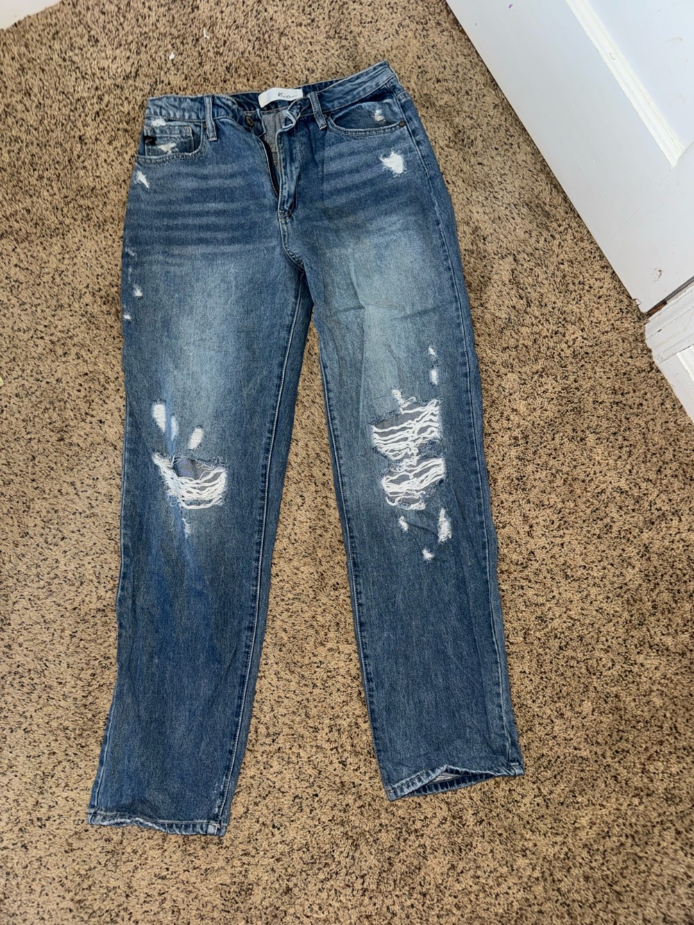 KanCan Distressed Dark Blue High-Waist Straight Jeans